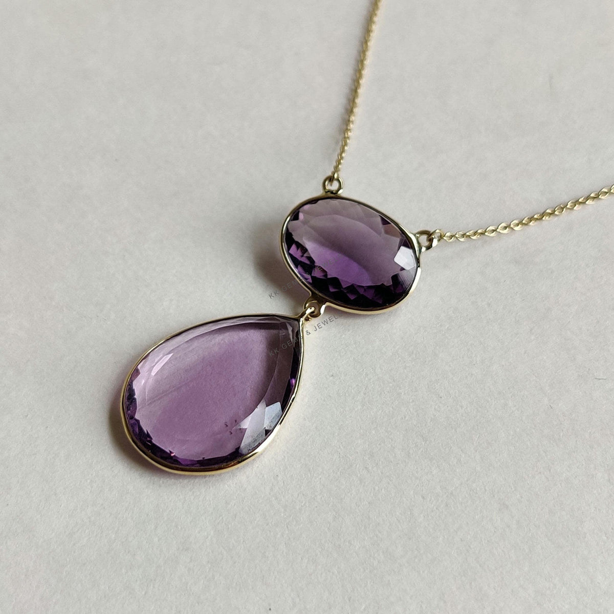 14K Solid Yellow Gold Natural Purple Amethyst Chain Necklace, February Birthstone