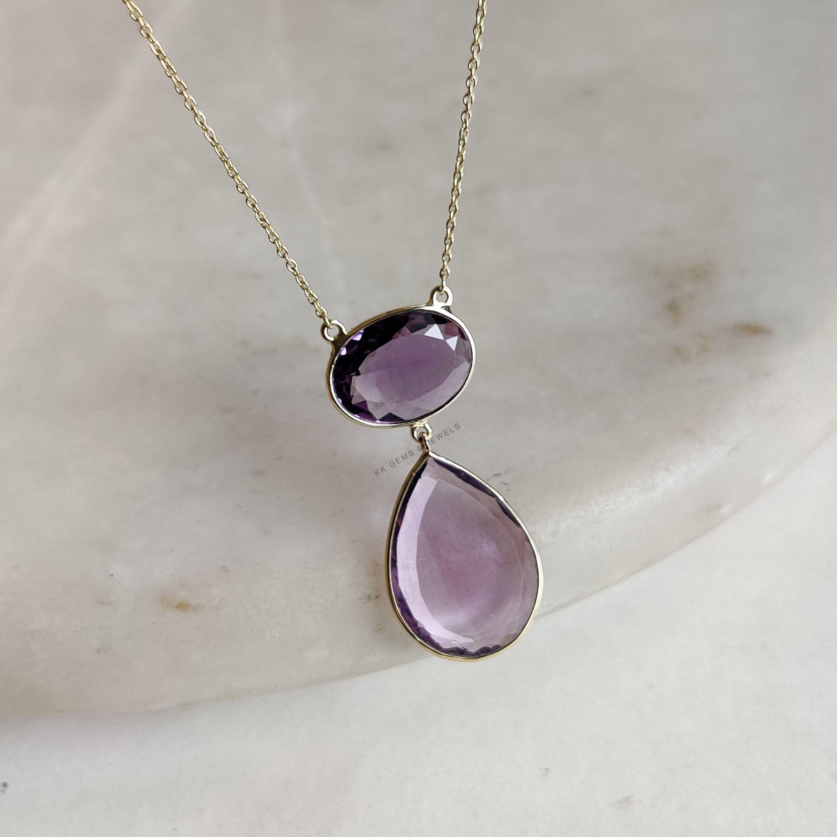 14K Solid Yellow Gold Natural Purple Amethyst Chain Necklace, February Birthstone