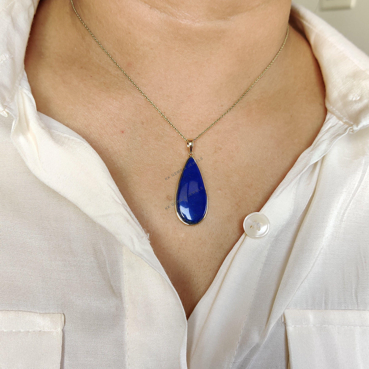 14K Solid Yellow Gold Natural Lapis Lazuli Pear Pendant, September Birthstone