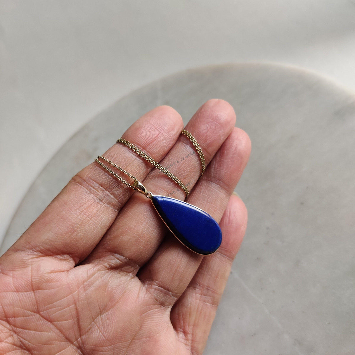14K Solid Yellow Gold Natural Lapis Lazuli Pear Pendant, September Birthstone