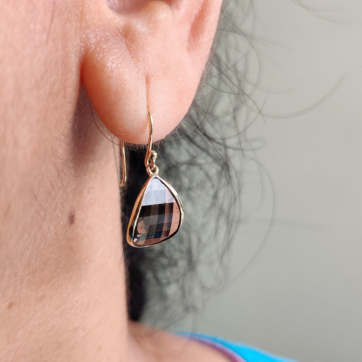 14K Solid Yellow Gold Natural Smoky Quartz Fancy Earrings, June Birthstone