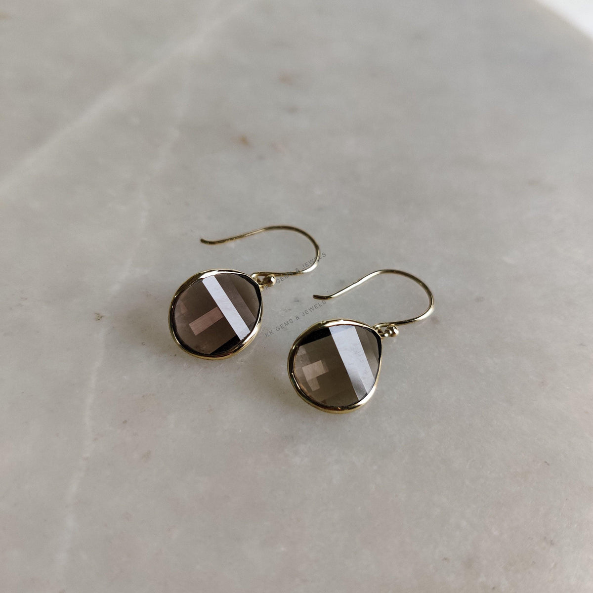 14K Solid Yellow Gold Natural Smoky Quartz Fancy Earrings, June Birthstone