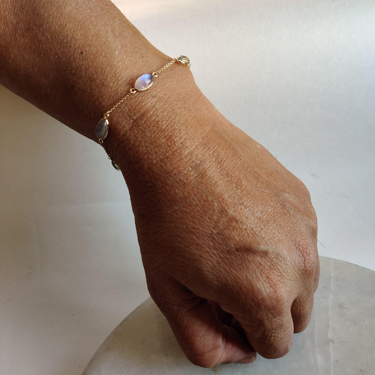 14K Solid Yellow Gold Natural Rainbow Moonstone Bracelet, June Birthstone