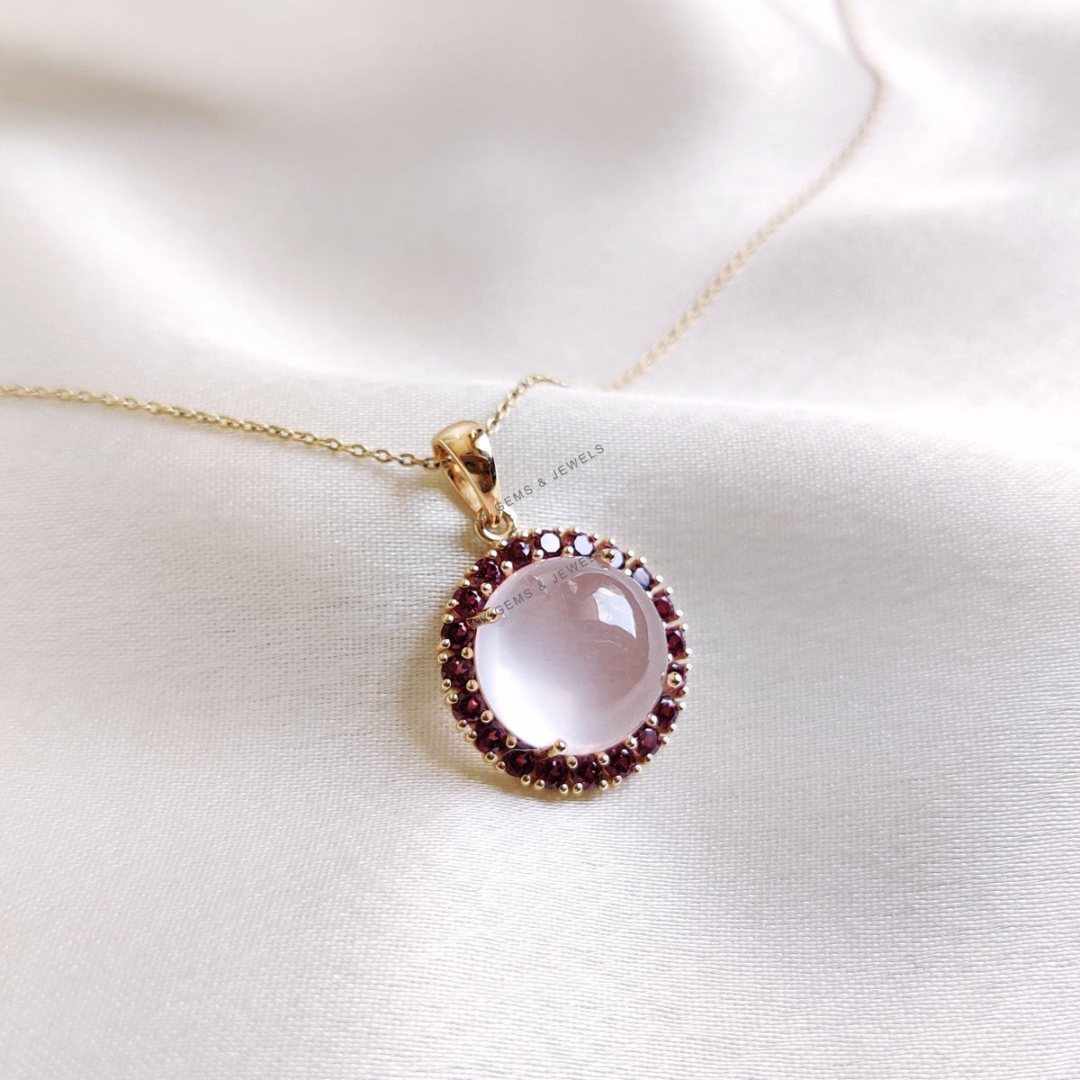 Natural Rose Quartz & Rhodolite Garnet Pendant, 14K Solid Yellow Gold Jewelry