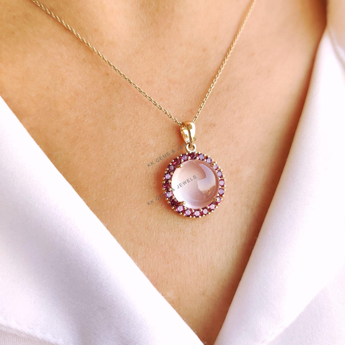Natural Rose Quartz & Rhodolite Garnet Pendant, 14K Solid Yellow Gold Jewelry