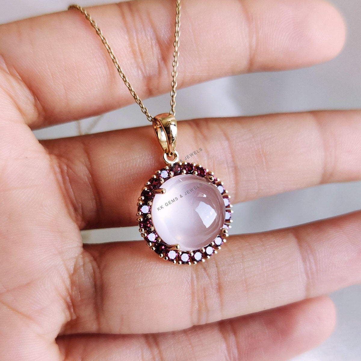 Natural Rose Quartz & Rhodolite Garnet Pendant, 14K Solid Yellow Gold Jewelry