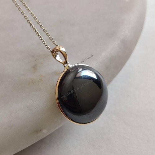14K Solid Gold Natural Hematite Pendant, Round Cabochon, December Birthstone