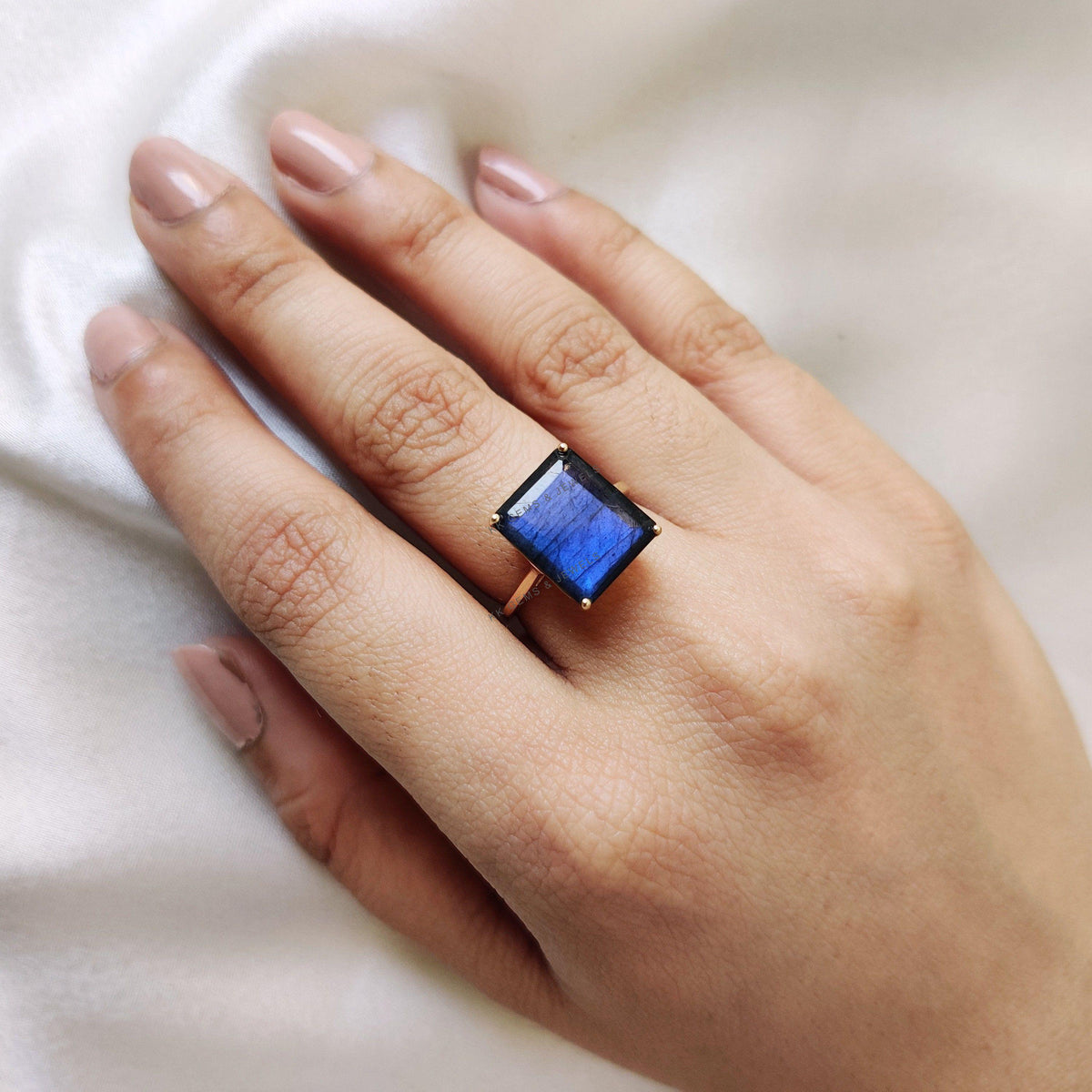 14K Solid Yellow Gold Natural Labradorite Ring, Octagon Gemstone, August Birthstone