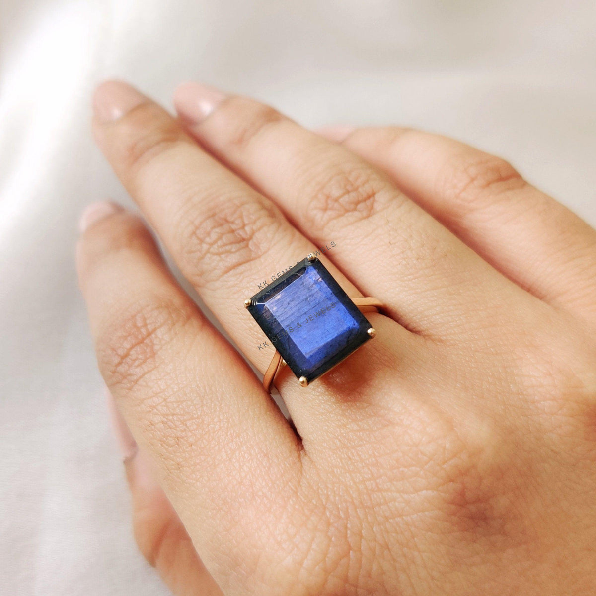 14K Solid Yellow Gold Natural Labradorite Ring, Octagon Gemstone, August Birthstone