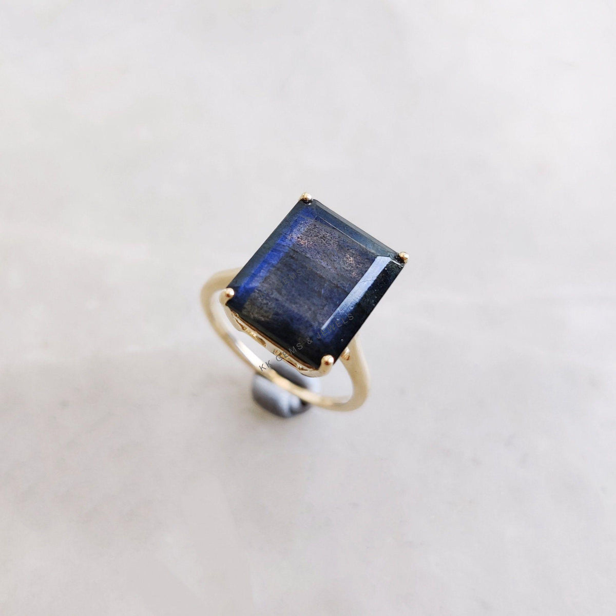 14K Solid Yellow Gold Natural Labradorite Ring, Octagon Gemstone, August Birthstone