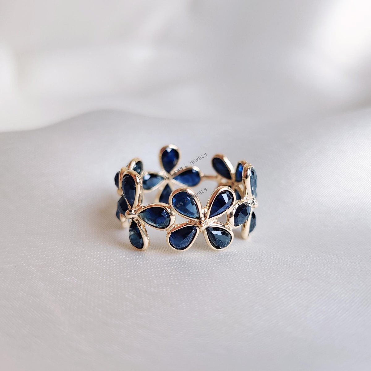 14K Solid Gold Natural Blue Sapphire Flower Infinity Ring, September Birthstone
