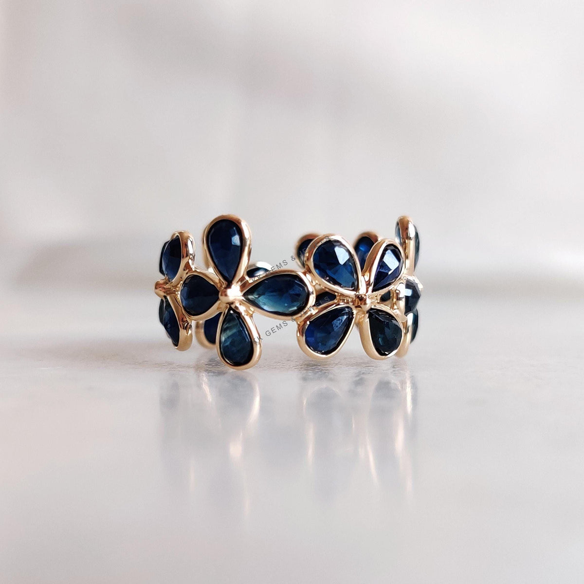 14K Solid Gold Natural Blue Sapphire Flower Infinity Ring, September Birthstone