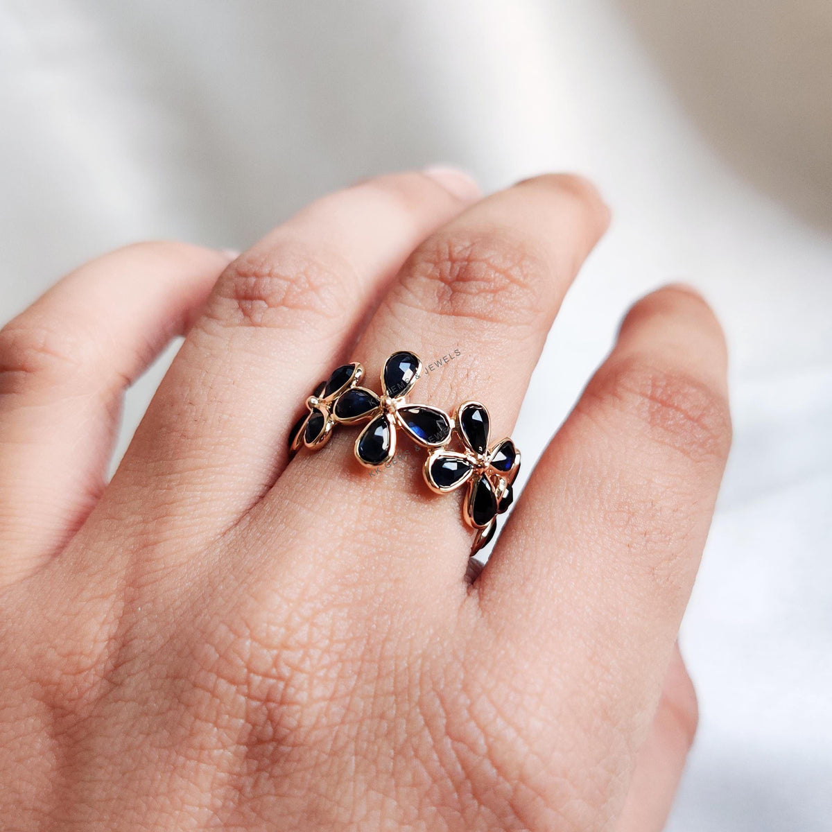 14K Solid Gold Natural Blue Sapphire Flower Infinity Ring, September Birthstone