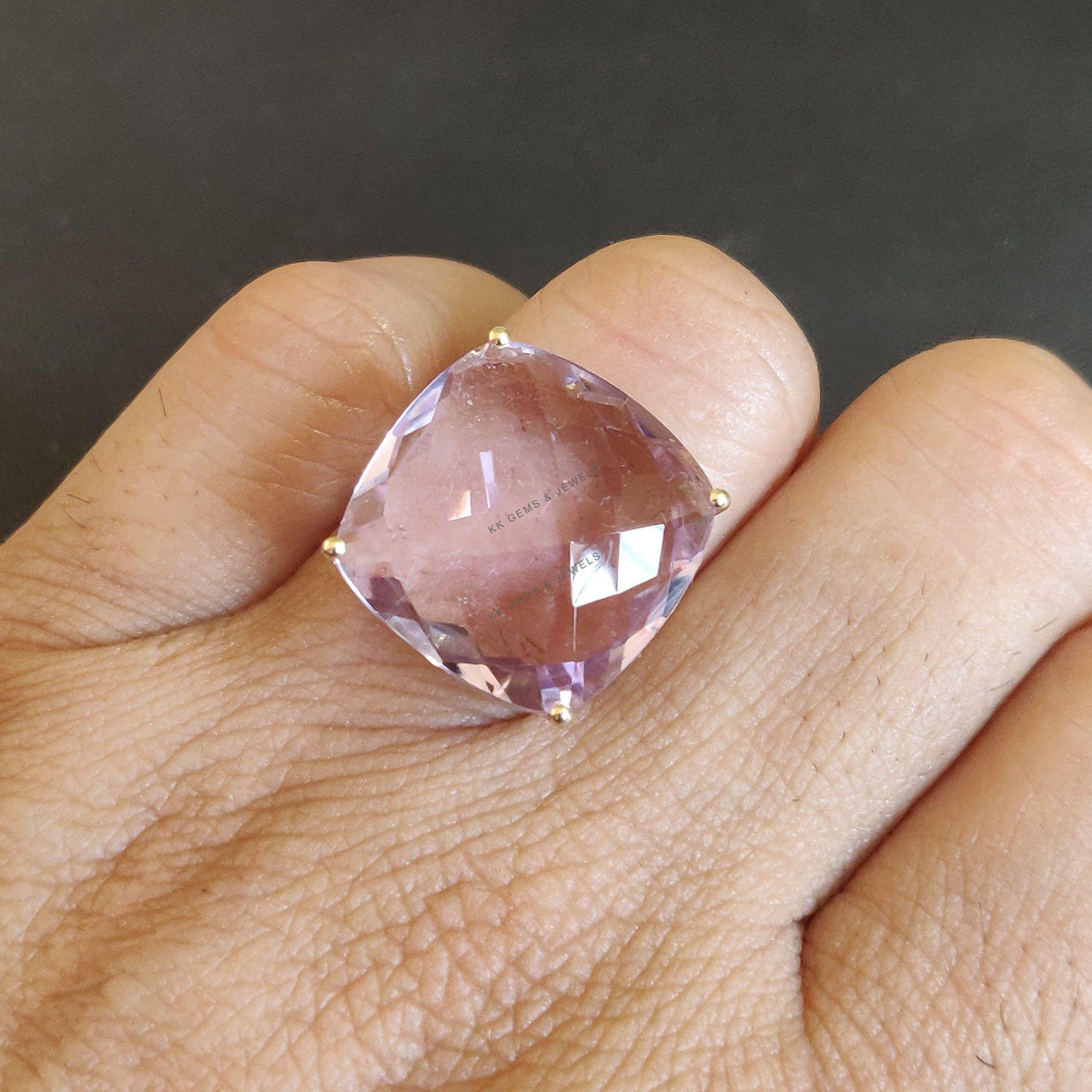 14K Solid Gold Natural Pink Amethyst Ring: Square February Birthstone