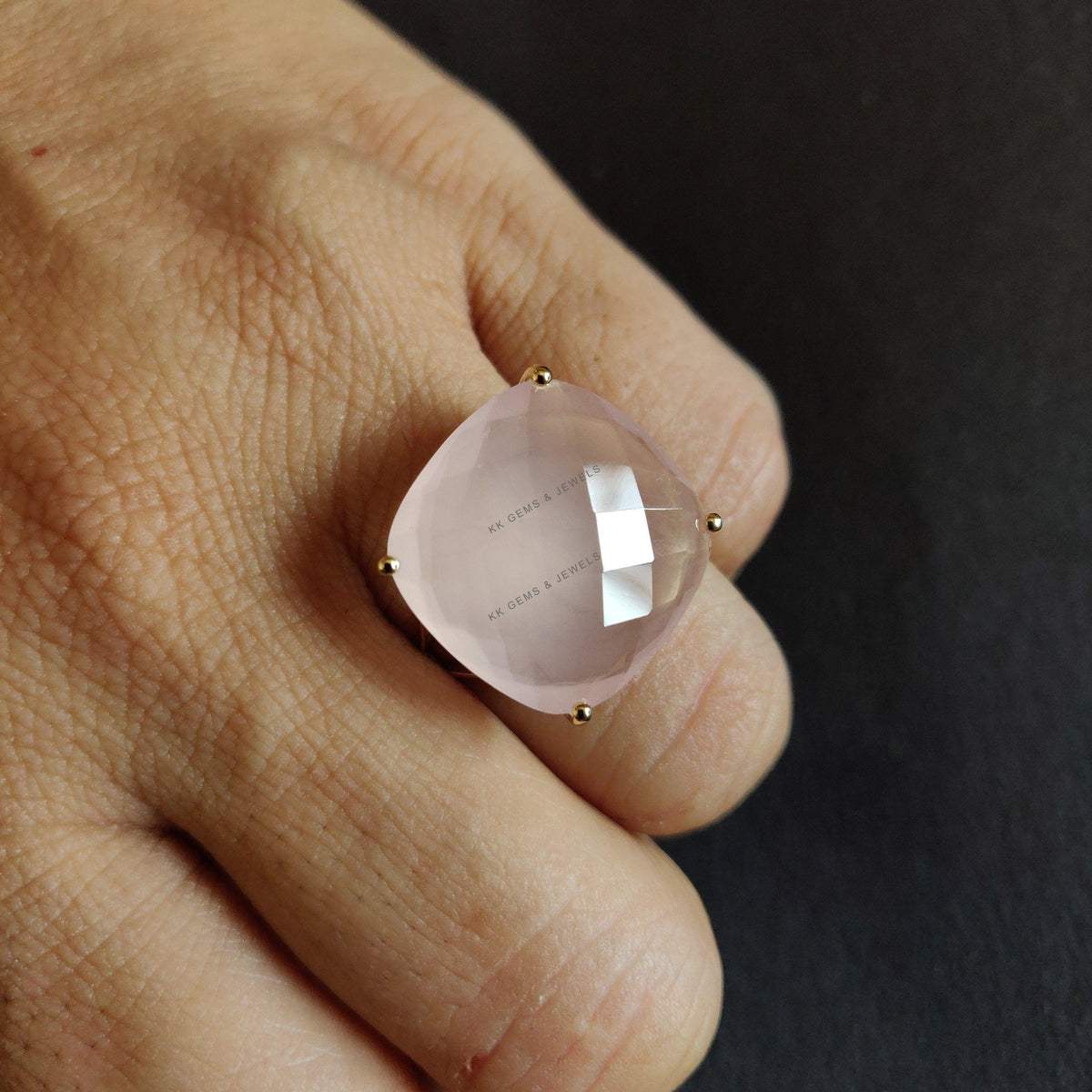 Natural Rose Quartz Ring: 14K Solid Yellow Gold, January Birthstone