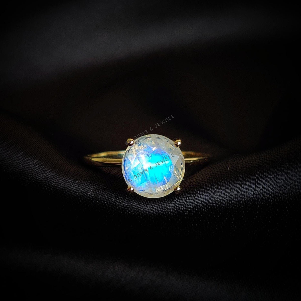 14K Solid Yellow Gold Natural Rainbow Moonstone Ring, Round Cut Engagement Ring
