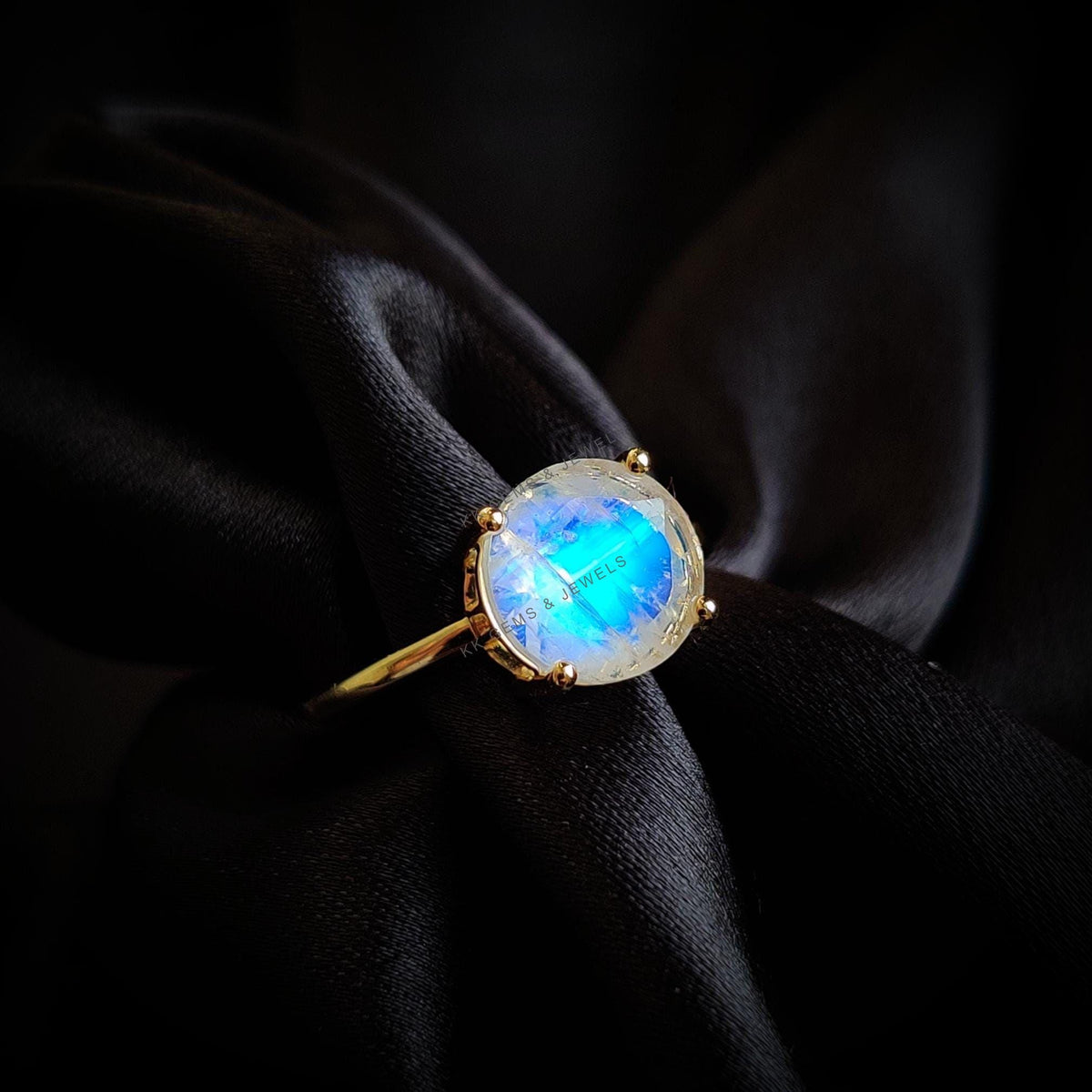 14K Solid Yellow Gold Natural Rainbow Moonstone Ring, Round Cut Engagement Ring