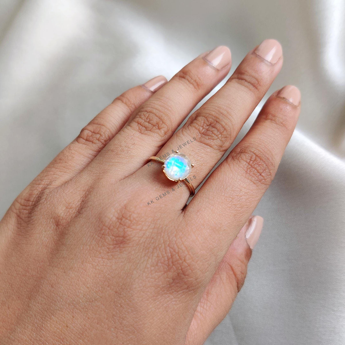14K Solid Yellow Gold Natural Rainbow Moonstone Ring, Round Cut Engagement Ring