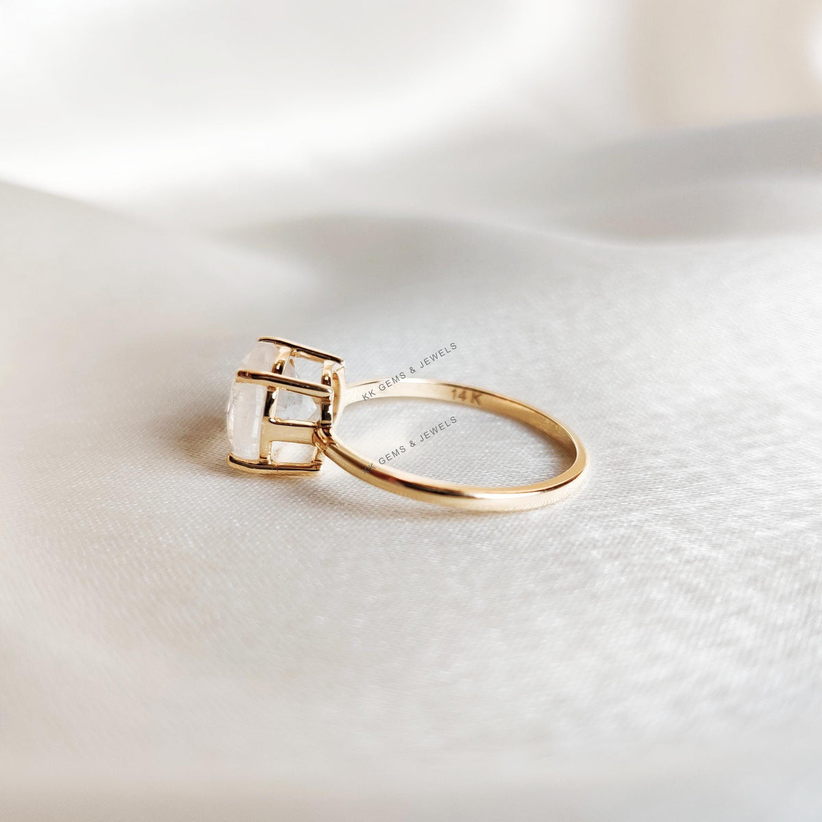 14K Solid Yellow Gold Natural Rainbow Moonstone Ring, Round Cut Engagement Ring