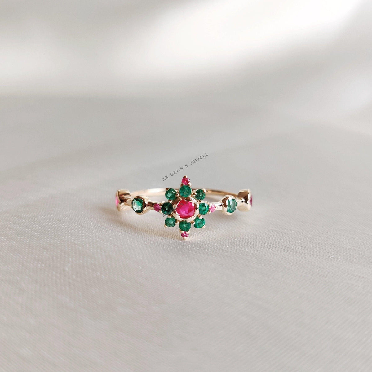 Natural Emerald & Ruby Ring, 14K Solid Yellow Gold, May July Birthstone