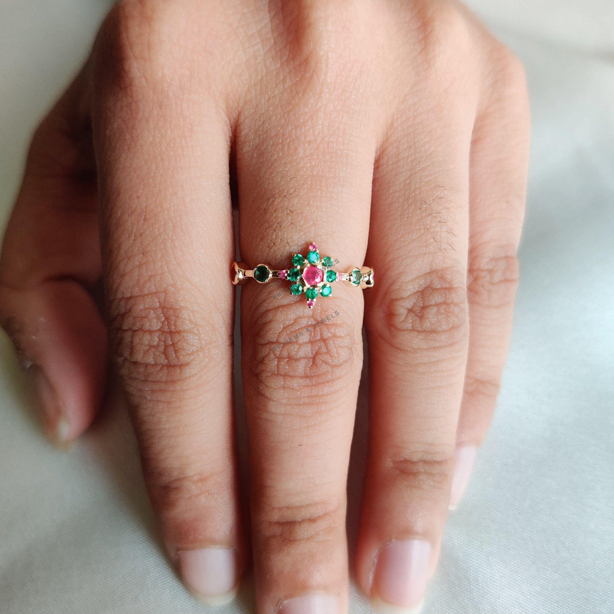 Natural Emerald & Ruby Ring, 14K Solid Yellow Gold, May July Birthstone