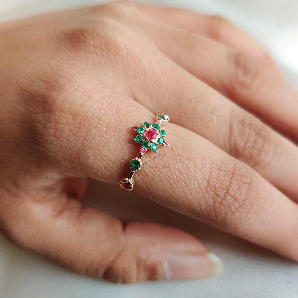 Natural Emerald & Ruby Ring, 14K Solid Yellow Gold, May July Birthstone
