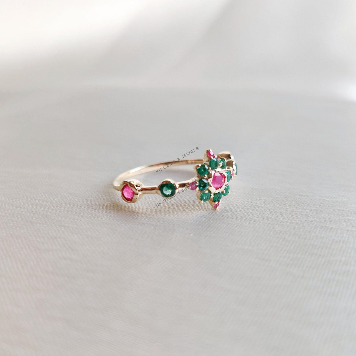 Natural Emerald & Ruby Ring, 14K Solid Yellow Gold, May July Birthstone
