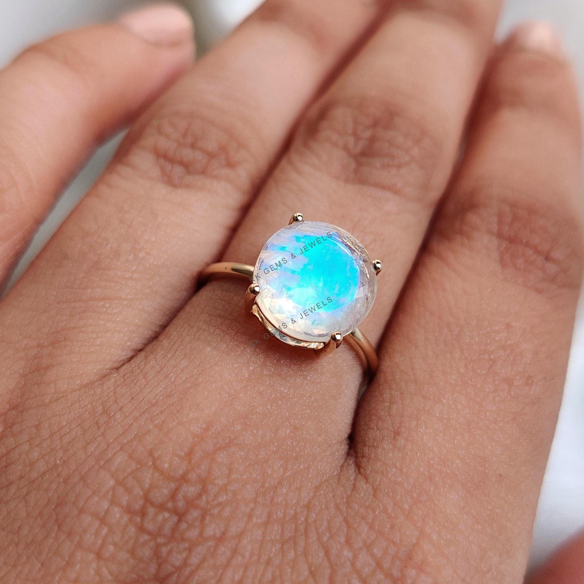 14K Solid Yellow Gold Natural Rainbow Moonstone Ring, Round Cut June Birthstone