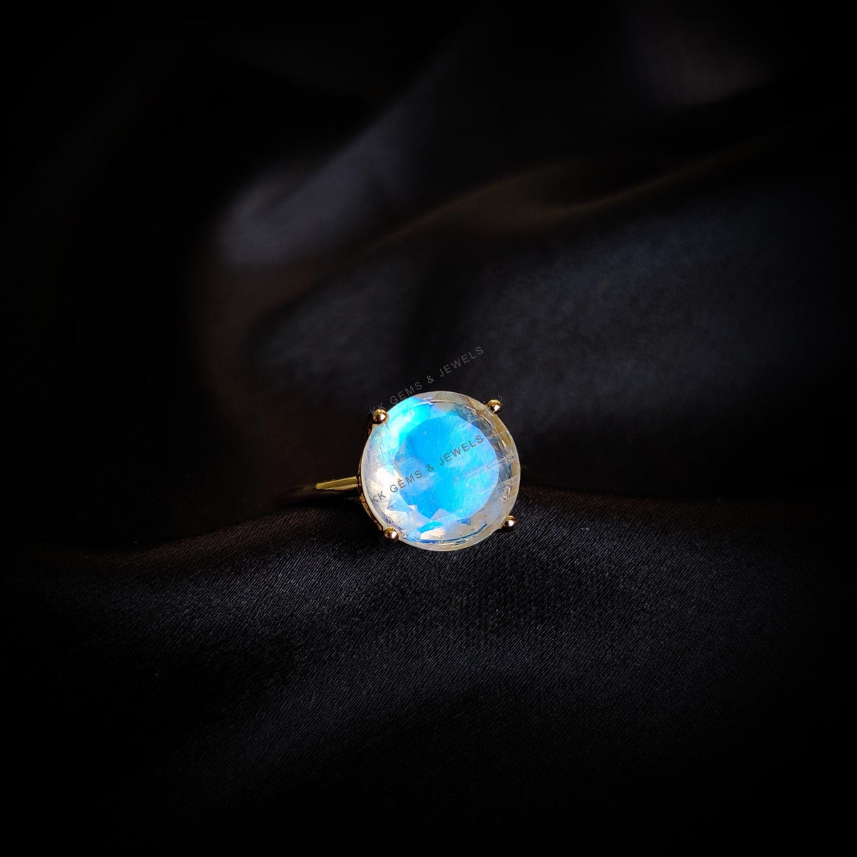 14K Solid Yellow Gold Natural Rainbow Moonstone Ring, Round Cut June Birthstone