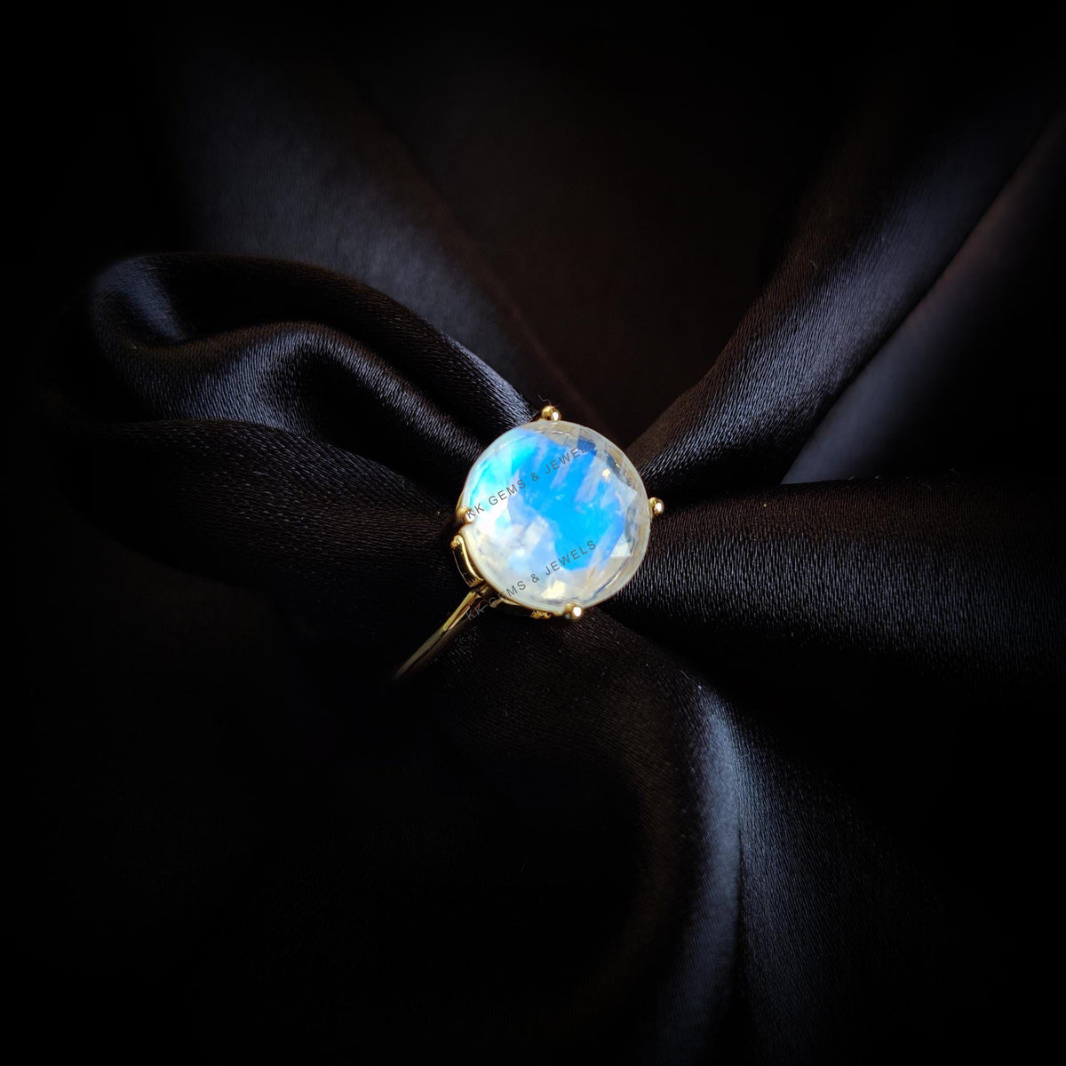 14K Solid Yellow Gold Natural Rainbow Moonstone Ring, Round Cut June Birthstone