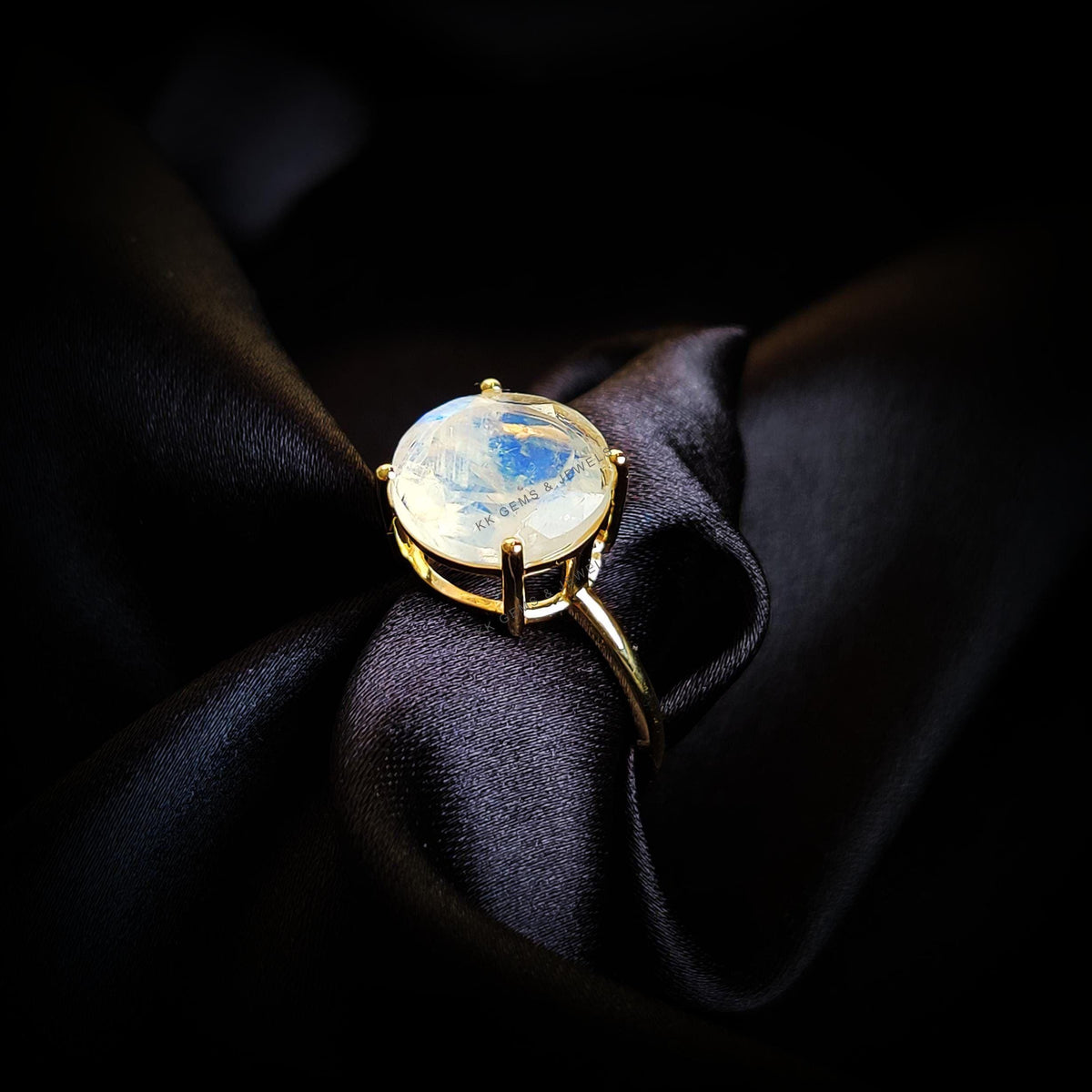 14K Solid Yellow Gold Natural Rainbow Moonstone Ring, Round Cut June Birthstone