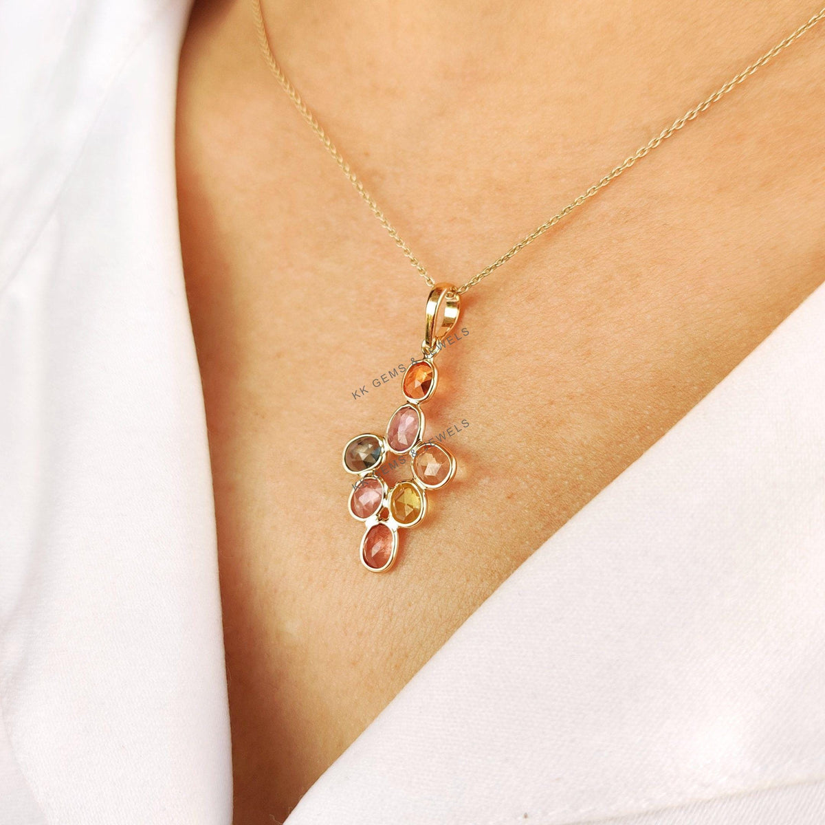 14K Solid Yellow Gold Natural Multi Sapphire Pendant Necklace - September Birthstone