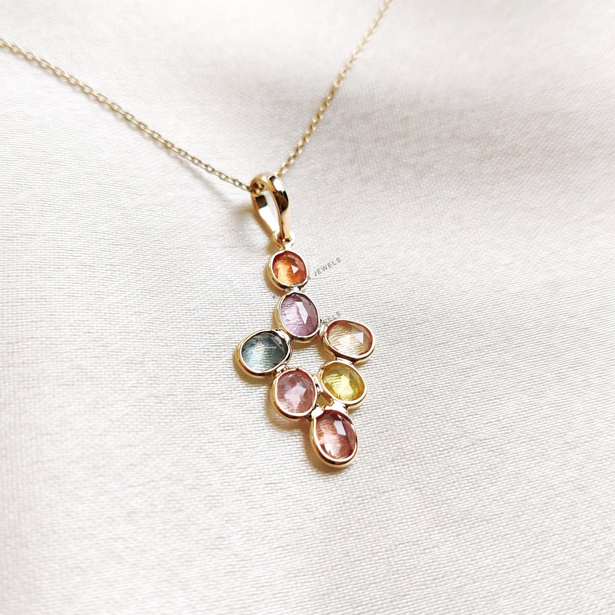 14K Solid Yellow Gold Natural Multi Sapphire Pendant Necklace - September Birthstone