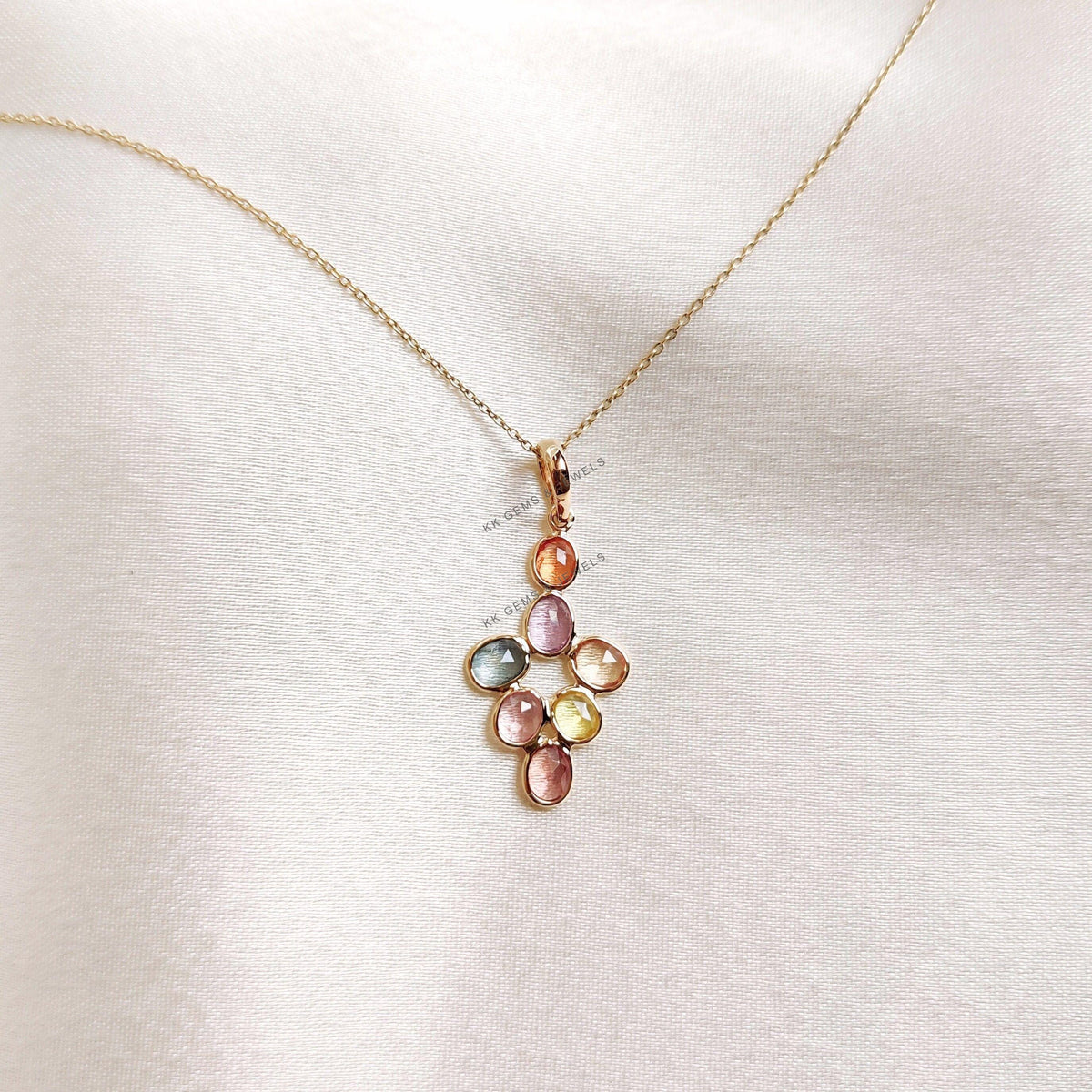 14K Solid Yellow Gold Natural Multi Sapphire Pendant Necklace - September Birthstone