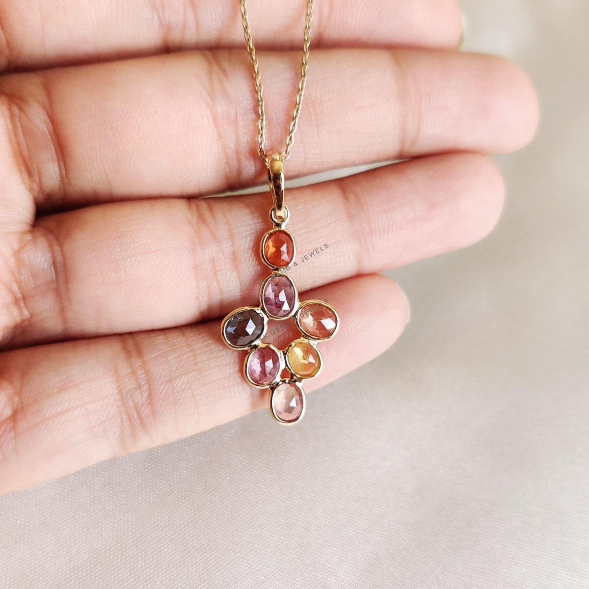 14K Solid Yellow Gold Natural Multi Sapphire Pendant Necklace - September Birthstone
