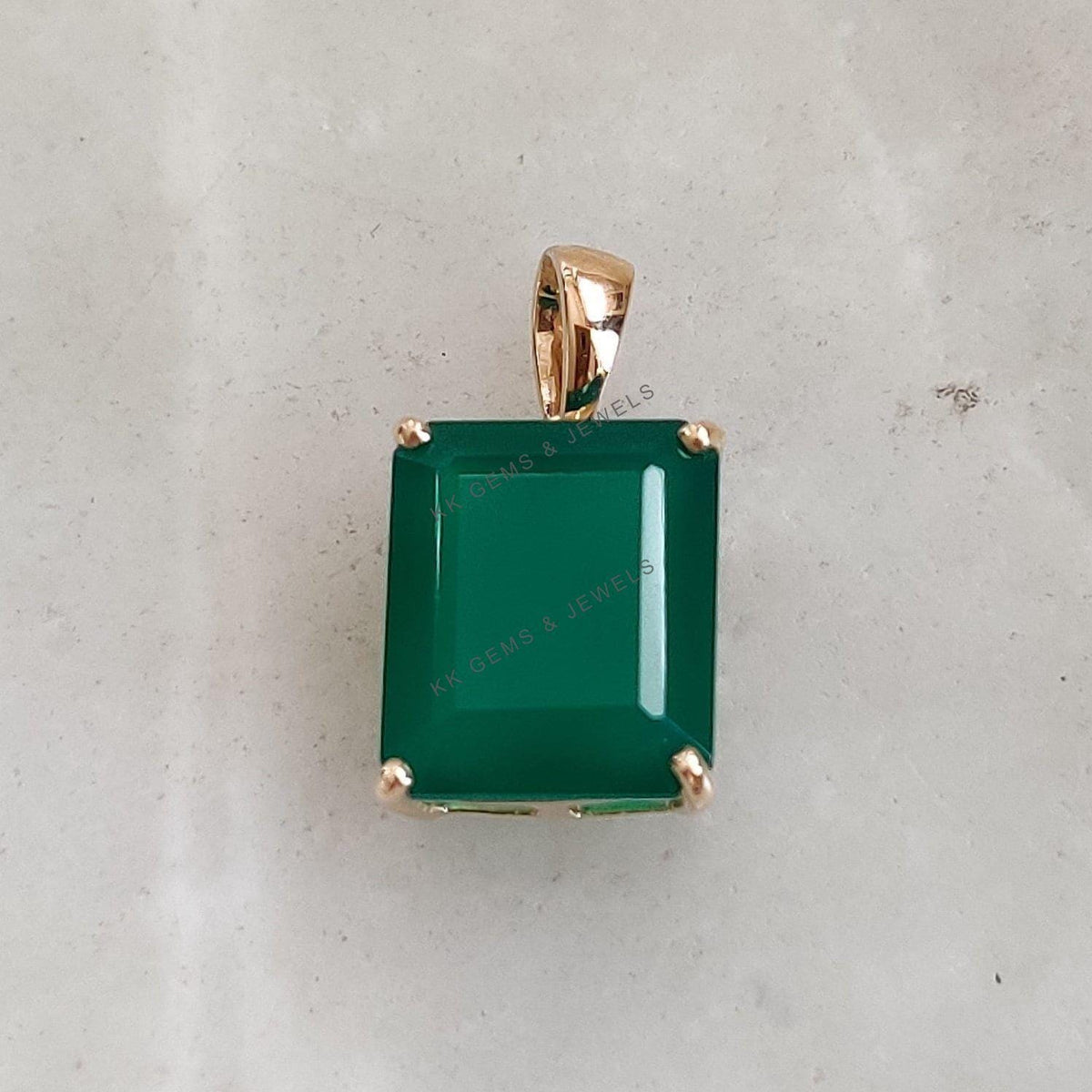 Emerald Cut Natural Green Onyx Pendant, 14K Solid Yellow Gold, May Birthstone, Christmas Present