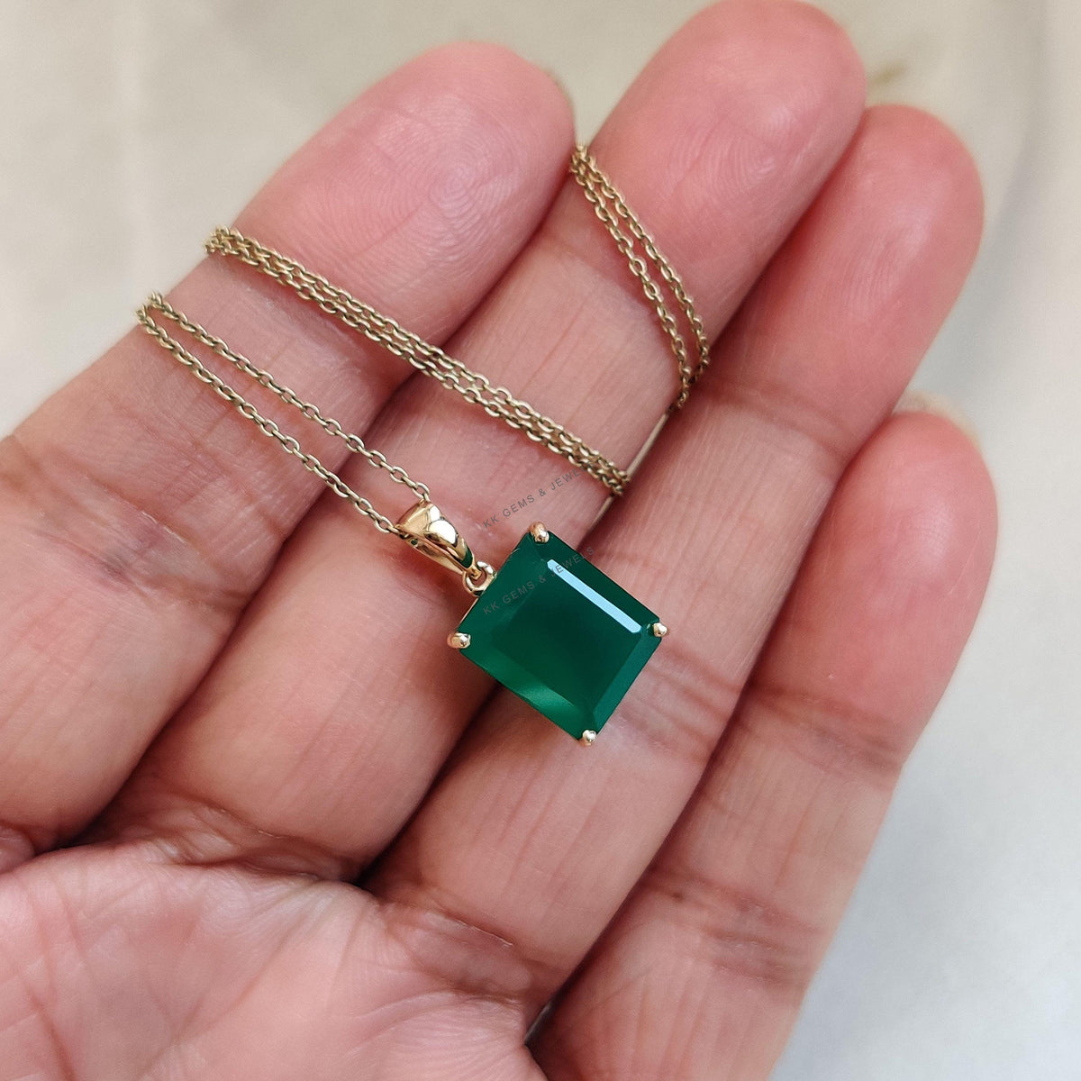 Emerald Cut Natural Green Onyx Pendant, 14K Solid Yellow Gold, May Birthstone, Christmas Present
