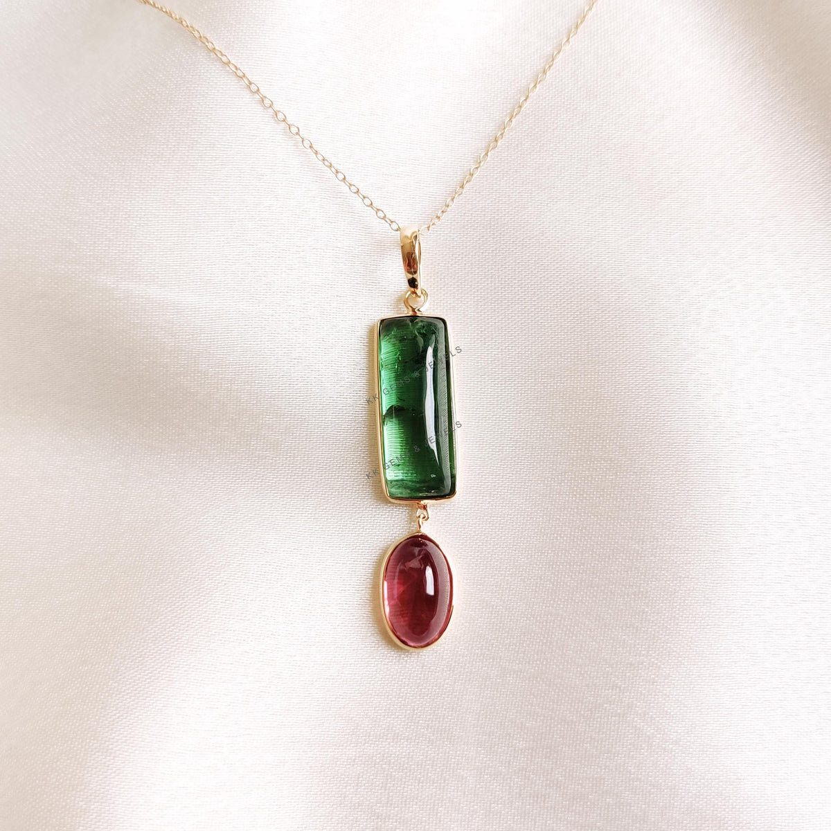 14K Solid Yellow Gold Natural Pink and Green Tourmaline Bezel Pendant, December Birthstone, Christmas Present