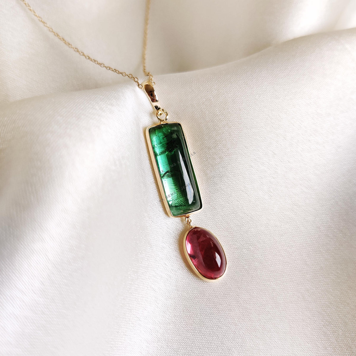 14K Solid Yellow Gold Natural Pink and Green Tourmaline Bezel Pendant, December Birthstone, Christmas Present