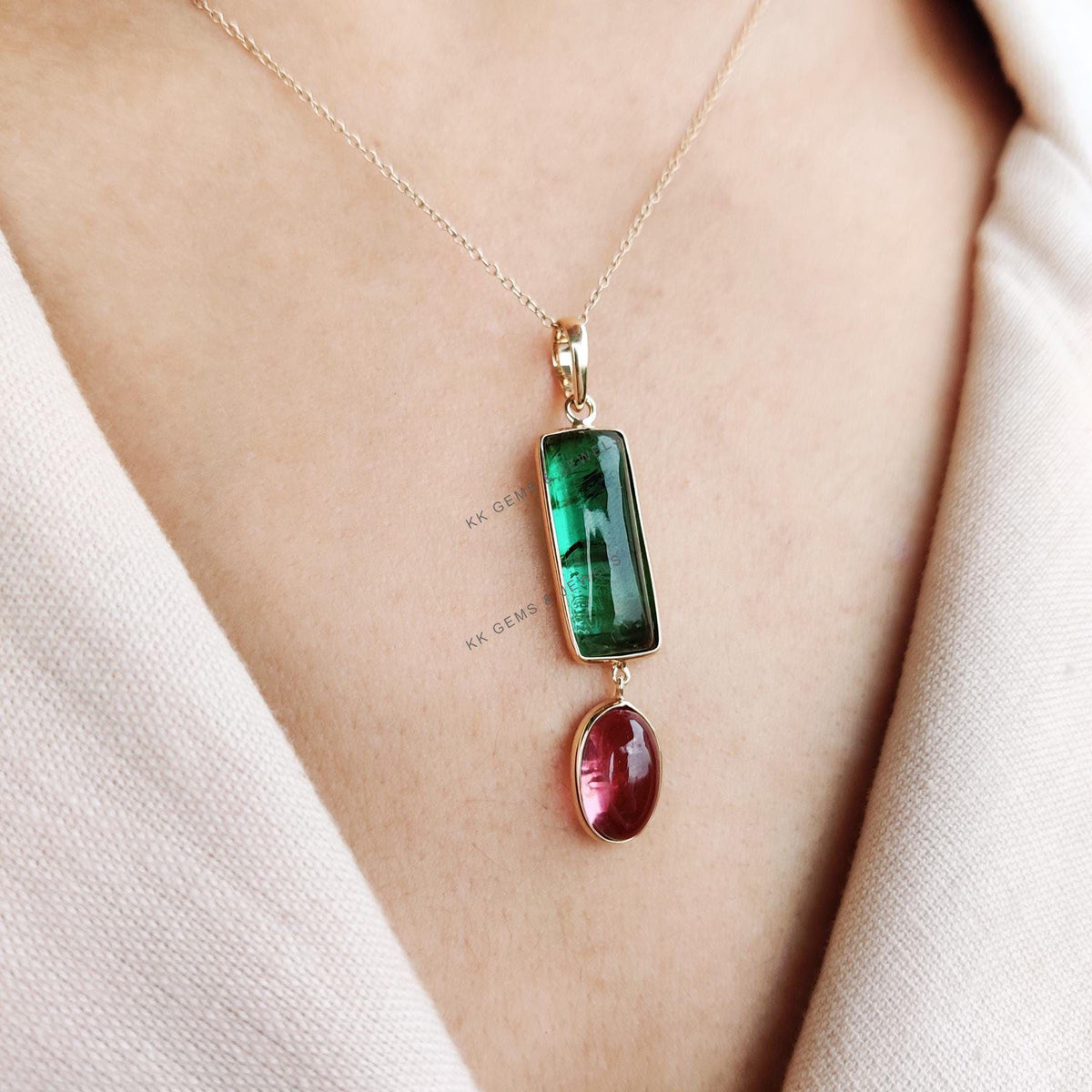 14K Solid Yellow Gold Natural Pink and Green Tourmaline Bezel Pendant, December Birthstone, Christmas Present