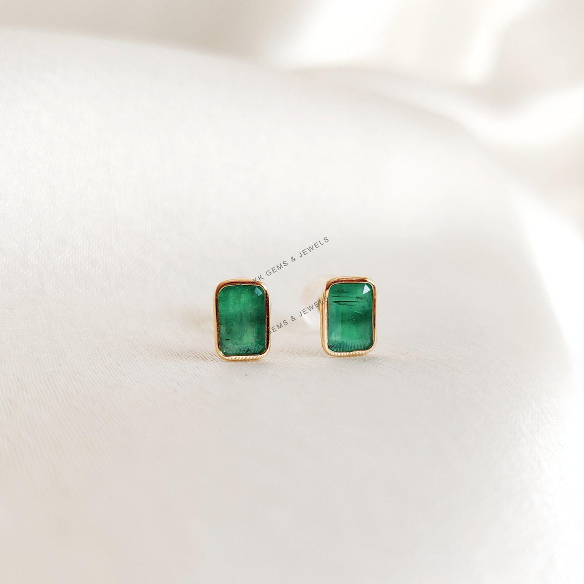 14K Solid Gold Natural Emerald Studs, May Birthstone