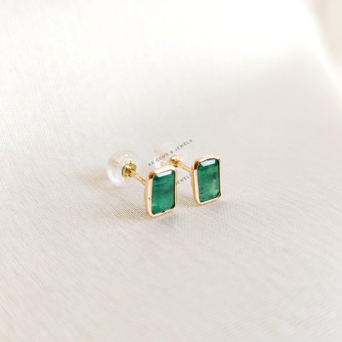 14K Solid Gold Natural Emerald Studs, May Birthstone