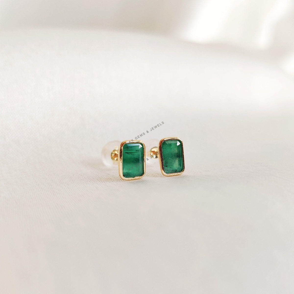 14K Solid Gold Natural Emerald Studs, May Birthstone