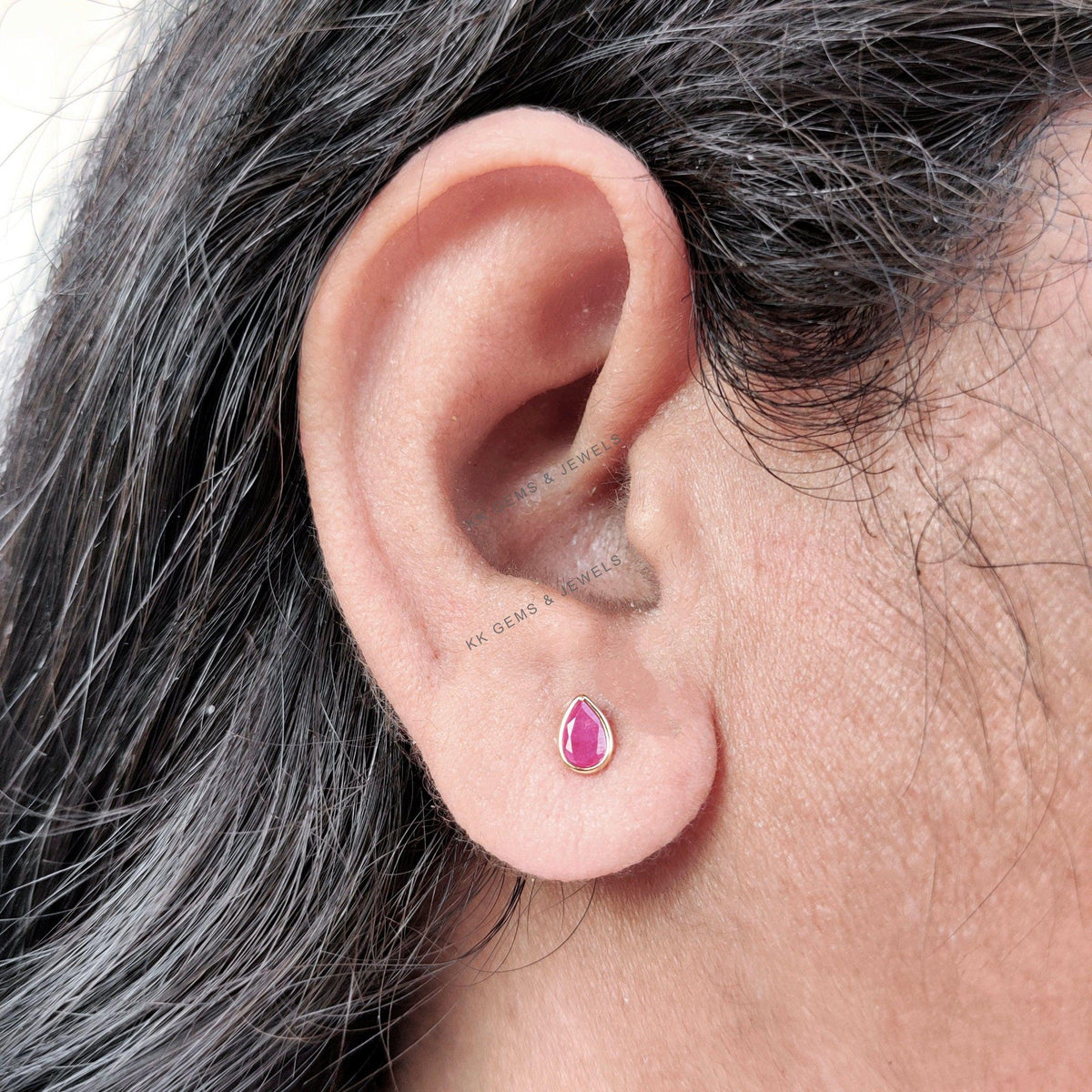 14K Solid Yellow Gold Pear Natural Ruby Studs, July Birthstone