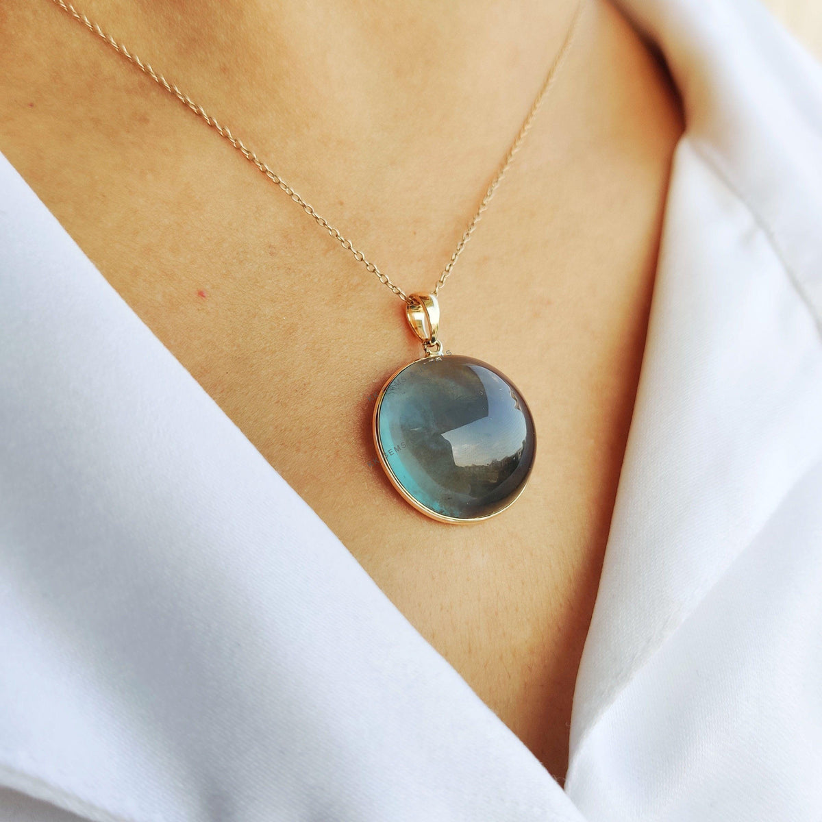 14K Solid Gold Round Natural Fluorite Pendant, Bezel Setting, March Birthstone