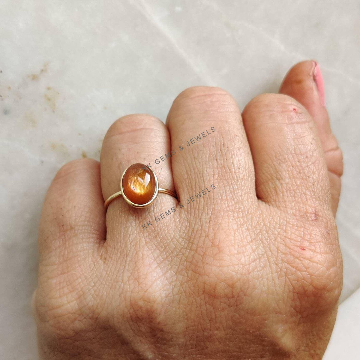 Natural Sunstone Ring, 14K Solid Yellow Gold Ring, July Birthstone Ring