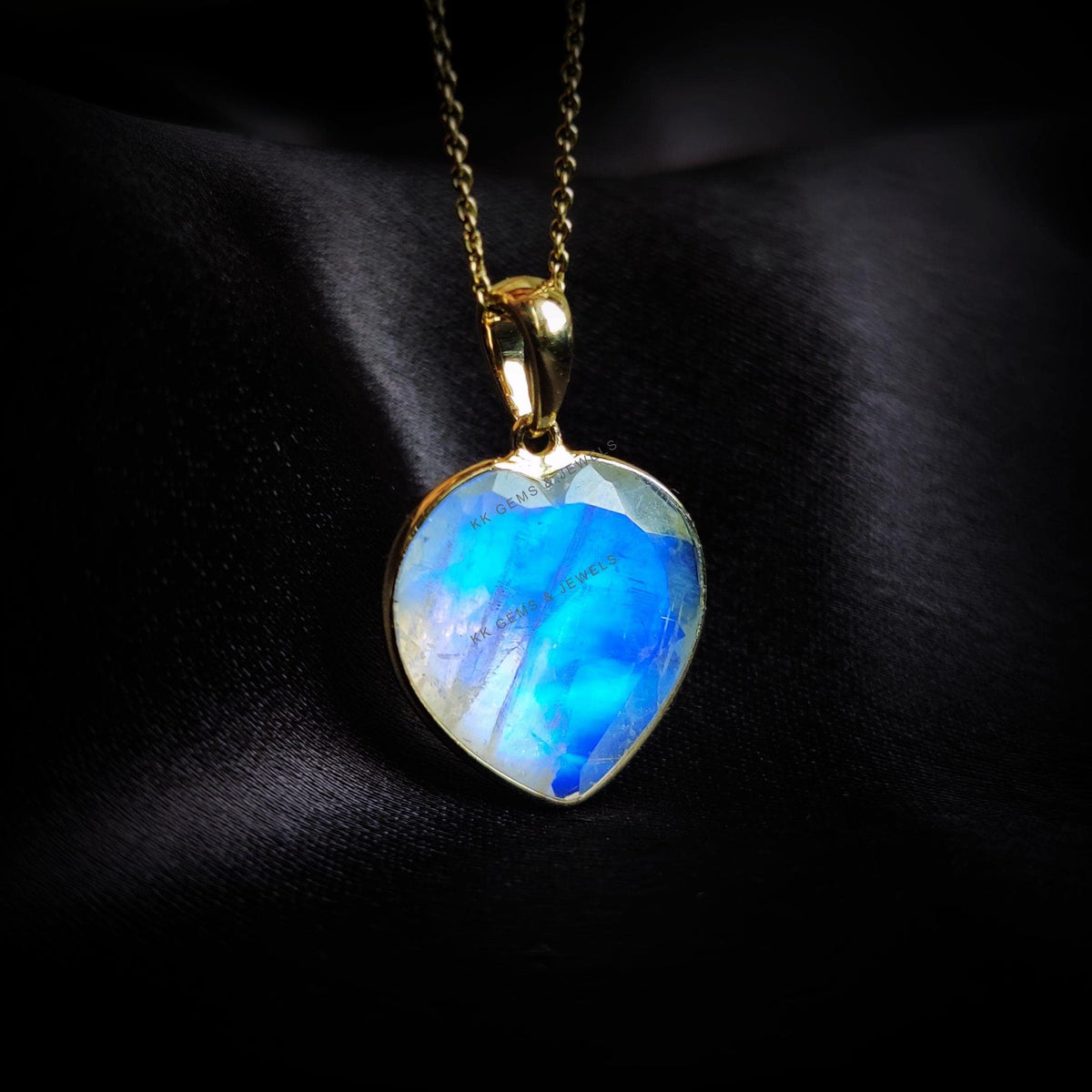 14K Solid Yellow Gold Natural Rainbow Moonstone Heart Pendant - June Birthstone