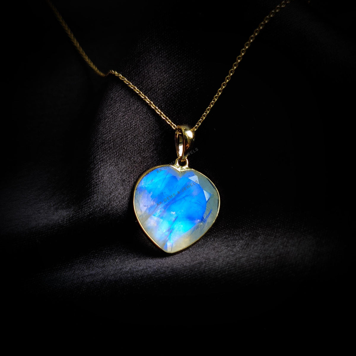 14K Solid Yellow Gold Natural Rainbow Moonstone Heart Pendant - June Birthstone