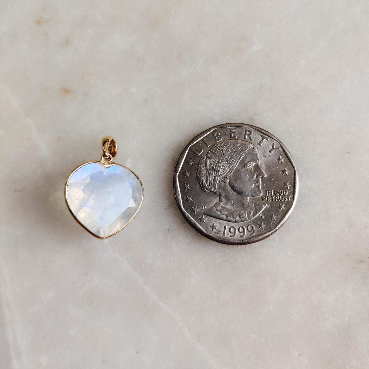 14K Solid Yellow Gold Natural Rainbow Moonstone Heart Pendant - June Birthstone