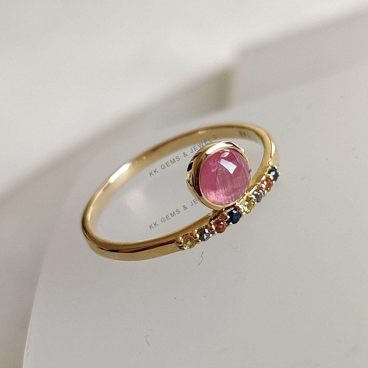 14K Solid Yellow Gold Natural Pink Tourmaline & Multi Sapphire Ring, Christmas Gift